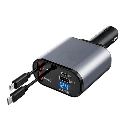 120W High-Efficiency 4-in-1 Retractable Car Charger Hub | USB & Type-C Charging, 180° Rotatable Design with Safety Guard (Grey)