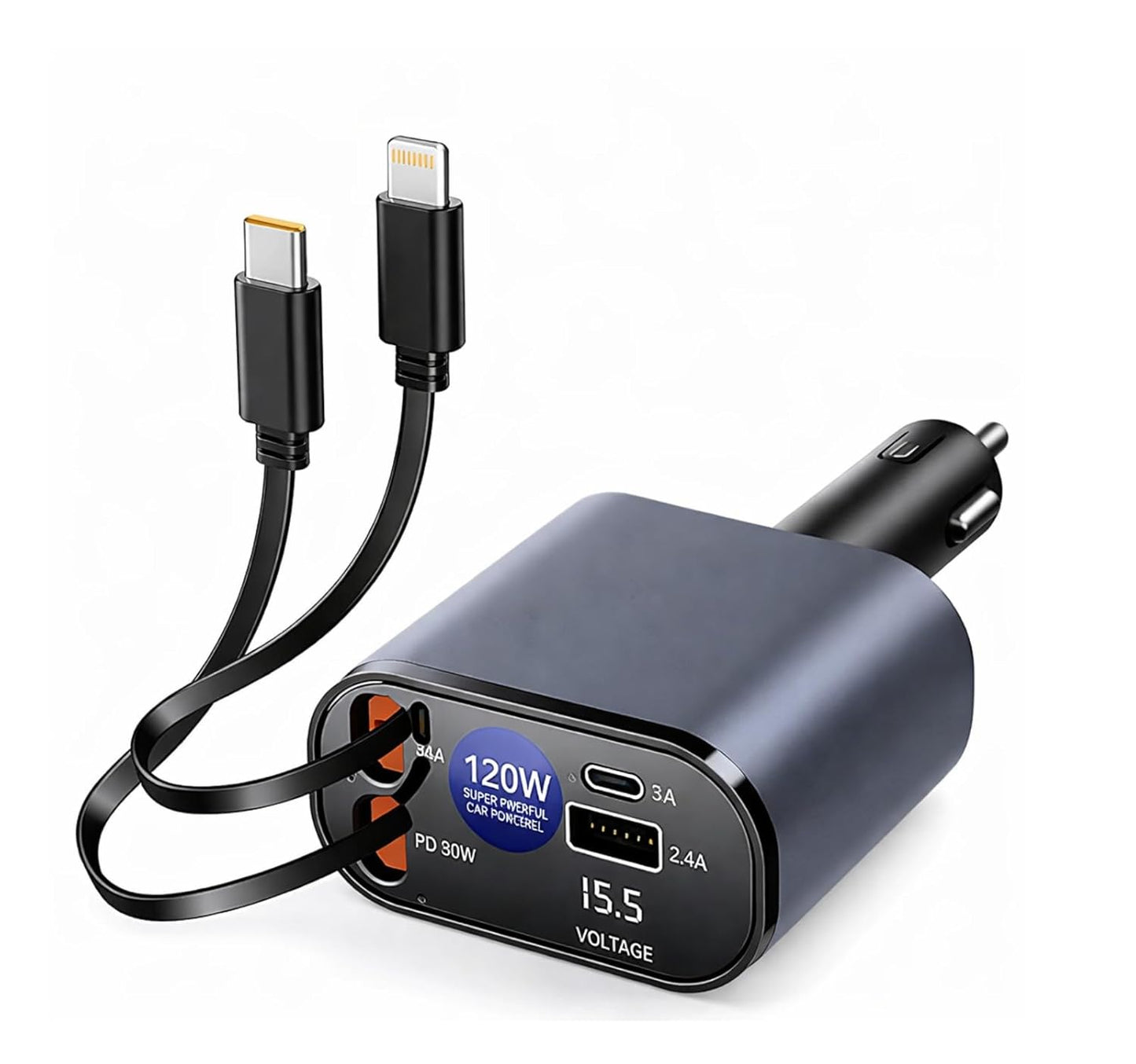 120W High-Efficiency 4-in-1 Retractable Car Charger Hub | USB & Type-C Charging, 180° Rotatable Design with Safety Guard (Grey)