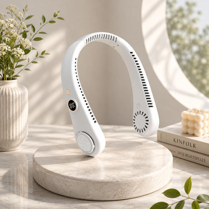 Portable Neck Fan with Digital Display | 5-Speed Adjustable | 180° Cooling Bladeless Wearable Fan | Hair-Safe Hanging Design | Rechargeable Fan for Home Office Travel & Outdoor (Arctic White)