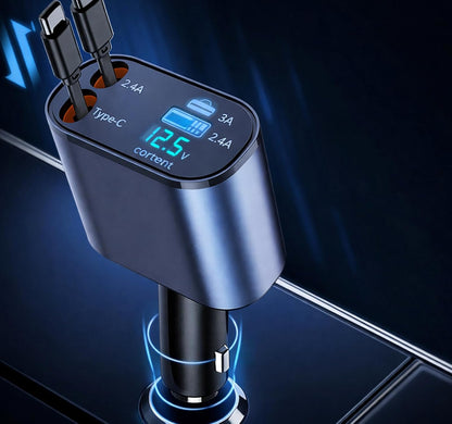 120W High-Efficiency 4-in-1 Retractable Car Charger Hub | USB & Type-C Charging, 180° Rotatable Design with Safety Guard (Grey)