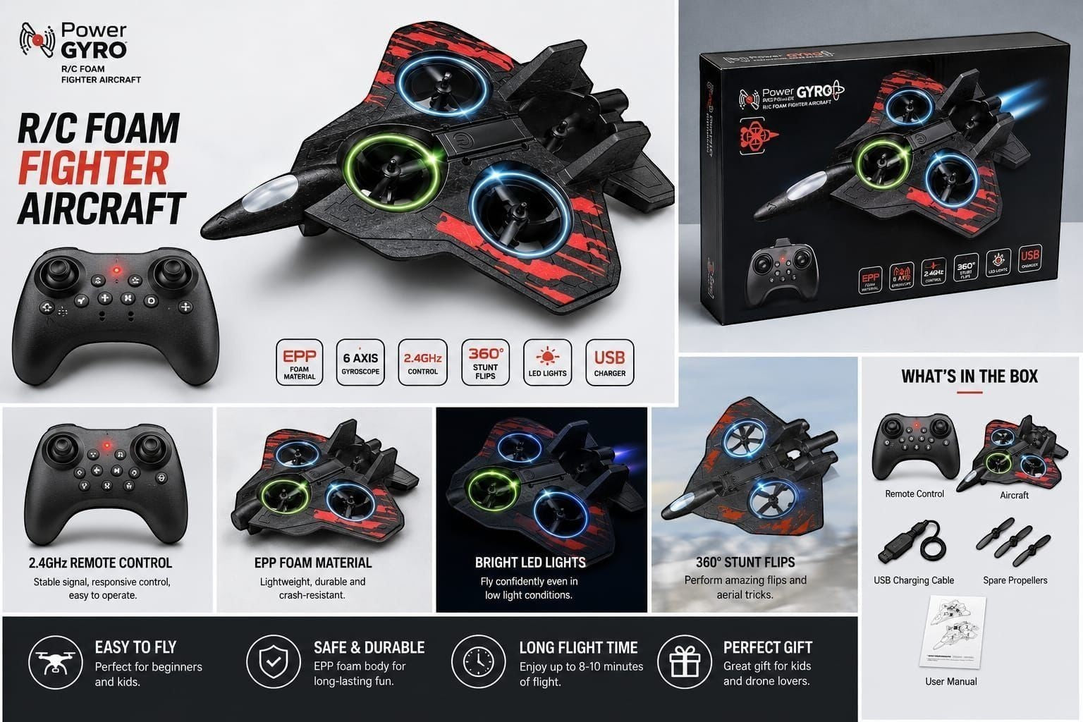 shopvo Power GYRO remote control foam fighter aircraft with LED lights, 2.4GHz controller, and stunt flip capability.