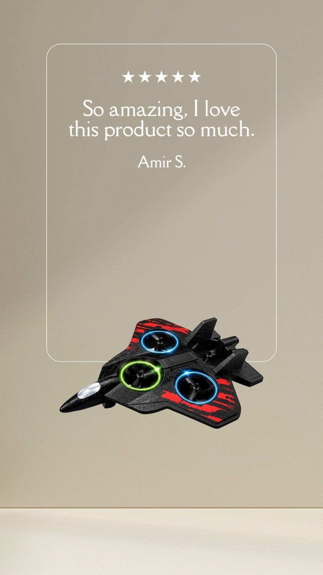 shopvo Power GYRO remote control foam fighter jet in black with red accents and glowing LED lights