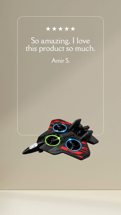 shopvo Power GYRO remote control foam fighter jet in black with red accents and glowing LED lights
